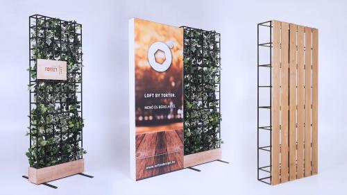 LOFT Collection – Green Living Wall, Branded Light Sign and Wooden Room Divider Elements